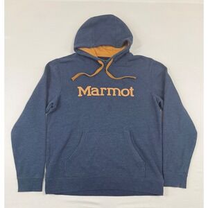 Marmot Mens Heather Blue Logo Hoodie Pullover Sweatshirt Size Large